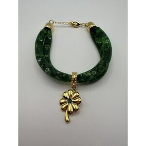 Green Mesh Crystal Stardust Bracelet Gold Tone Four Leaf Clover Charm 7-8.5 inch
